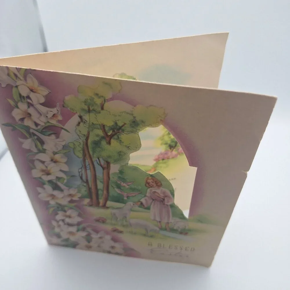 Blessed Easter Card Vintage‎ Religious Fold-Out Lily Design Made In USA Keepsake